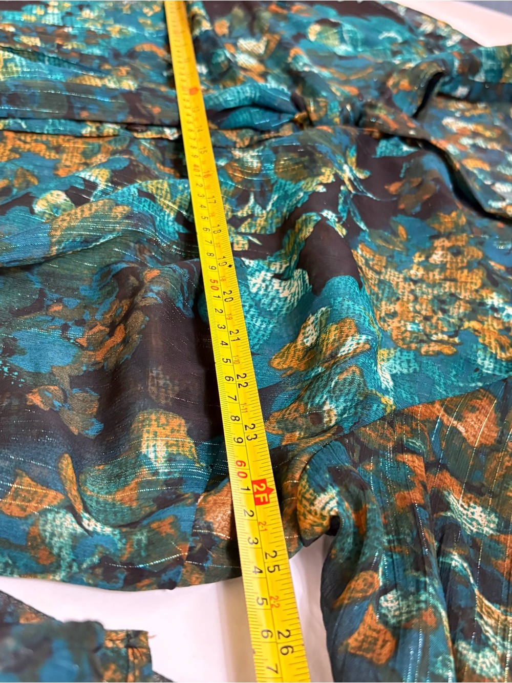 Sheer Teal & Gold Floral Tie-Neck Blouse-with Glimmering Silver Threading! - Picture 15 of 16